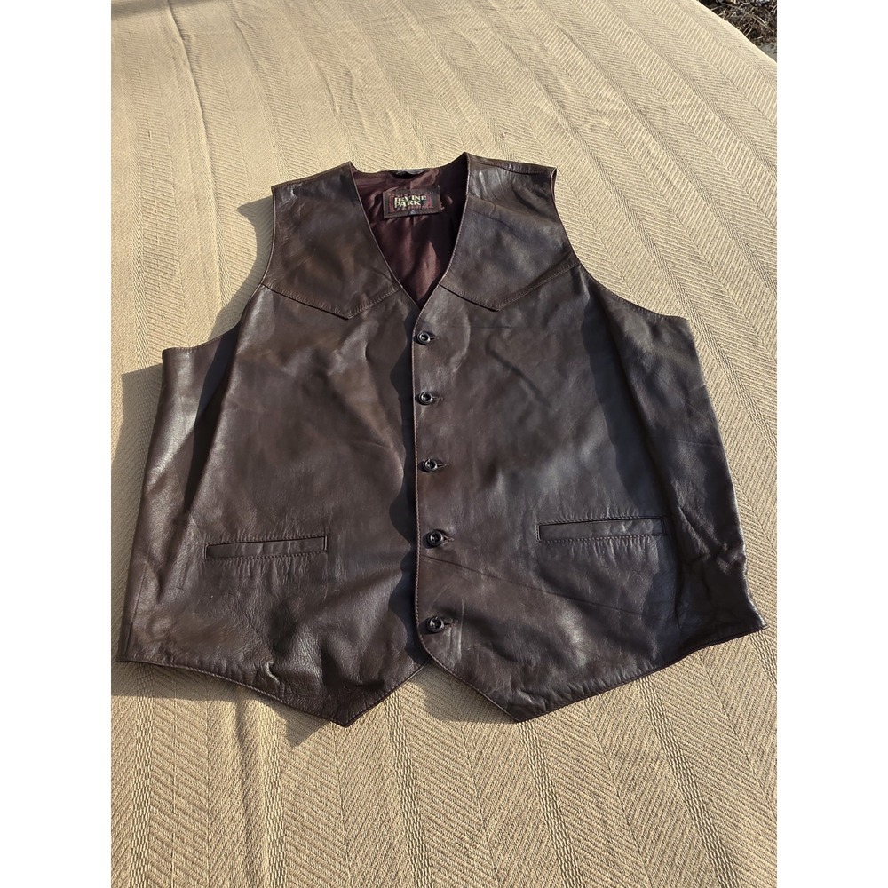 Vintage Irvine Park Brown Leather Vest‎ XL Tall Biker Harley Indian